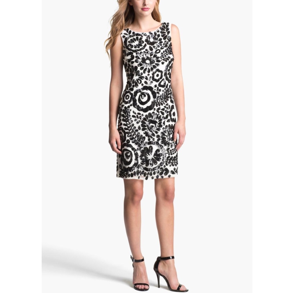 NWT! Pisarro‎ Nights Sequin Sheath Dress Floral Ivory/Black [SZ 6 ]